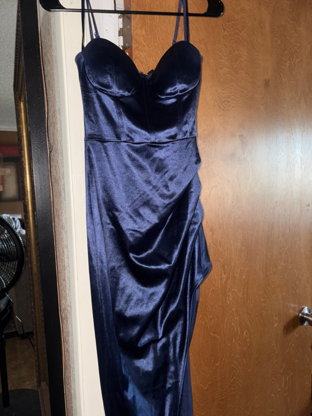 Navy Satin Spaghetti-Strap Evening Dress (has only been worn once)